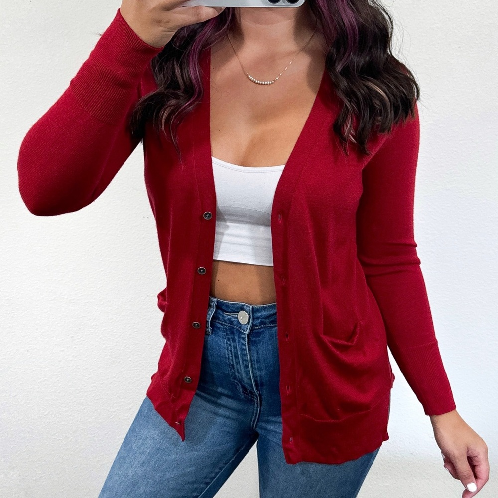Red button cardigan
